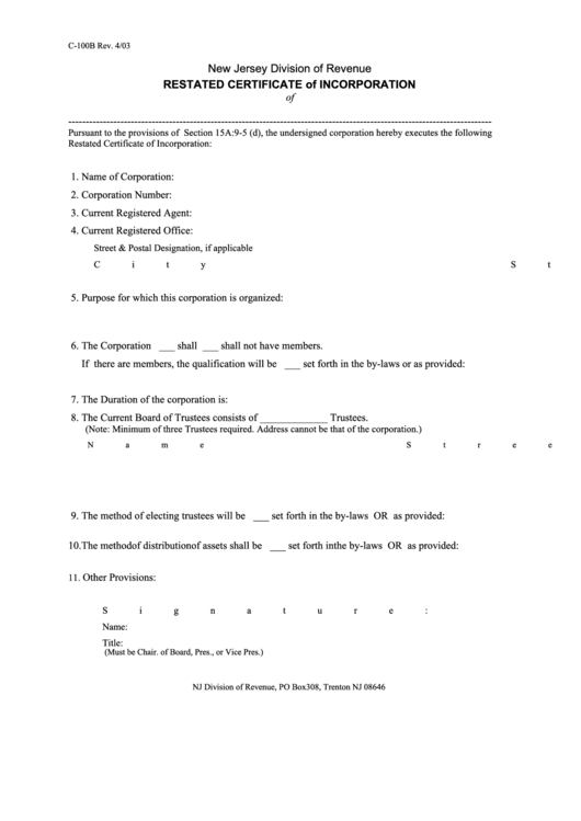 Fillable Form C-100b - Restated Certificate Of Incorporation Printable pdf