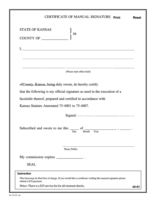 Fillable 60-03 - Certificate Of Manual Signature Printable pdf