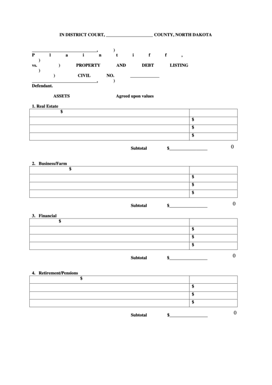 Fillable Property And Debt Listing Printable pdf