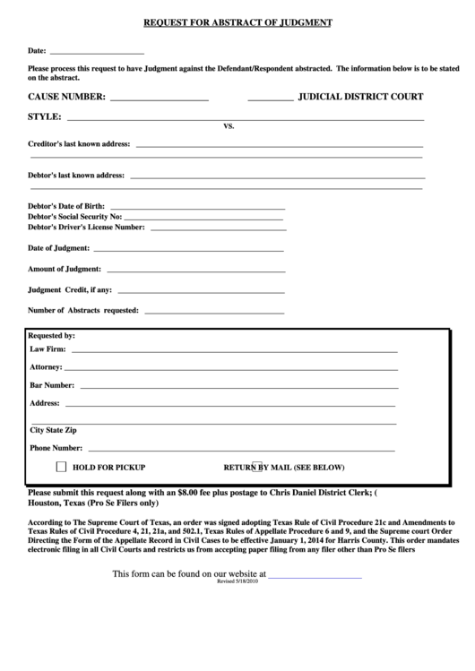 Fillable Request Form For Abstract Of Judgment Printable pdf