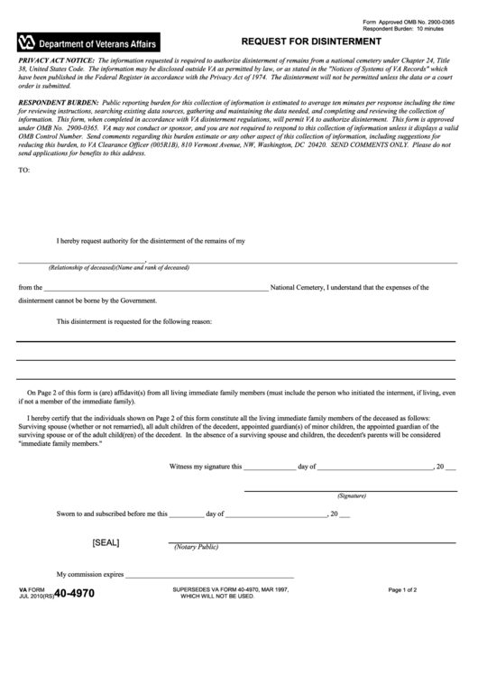 Fillable Request For Disinterment Printable pdf