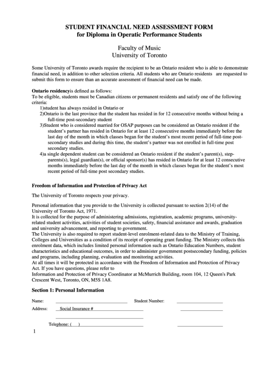 Student Financial Needs Assessment Form Printable pdf