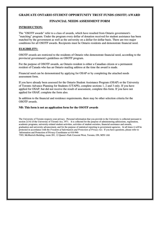 Osotf Financial Needs Assessment Form Printable pdf