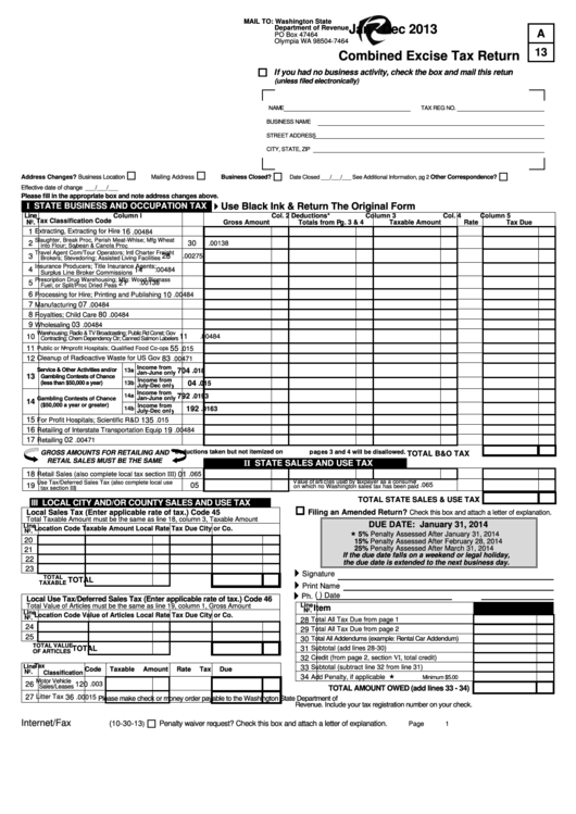 Combined Excise Tax Return Form - Washington State Department Of Revenue - 2013 Printable pdf