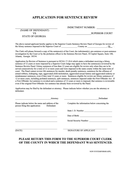Application For Sentence Review Printable pdf