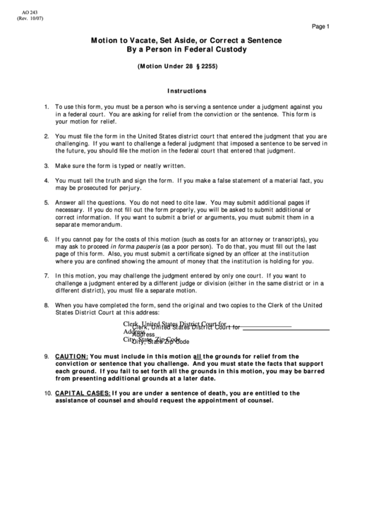 Motion To Vacate, Set Aside, Or Correct A Sentence Printable pdf