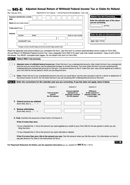 Fillable Form 945-X - Adjusted Annual Return Of Withheld Federal Income Tax Or Claim For Refund Printable pdf