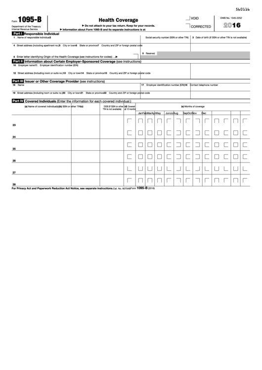 Fillable Form 1095-B, Health Coverage Printable pdf