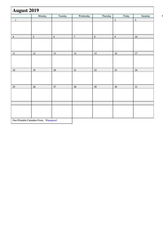 August Calendar Template - 2019 Printable pdf