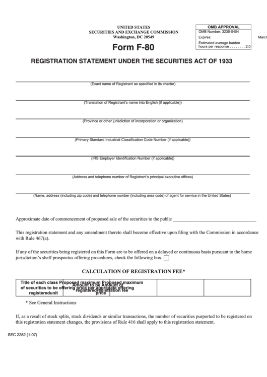 Form F-80 - Registration Statement Under The Securities Act Of 1933 Printable pdf