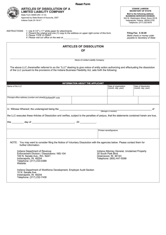 Fillable Form 49465 - Articles Of Dissolution Of A Limited Liability Company Printable pdf