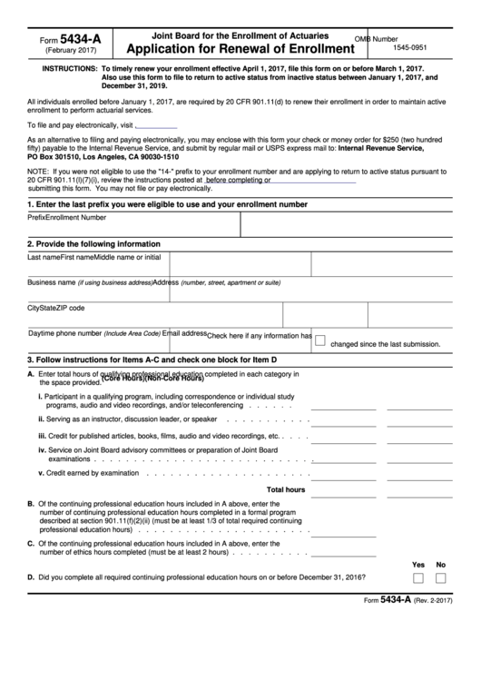 Fillable Form 5434-A - Application For Renewal Of Enrollment - Joint Board For The Enrollment Of Actuaries - 2017 Printable pdf