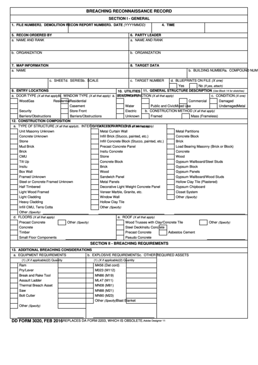 Fillable Dd Form 3020, Breaching Reconnaissance Record Printable pdf