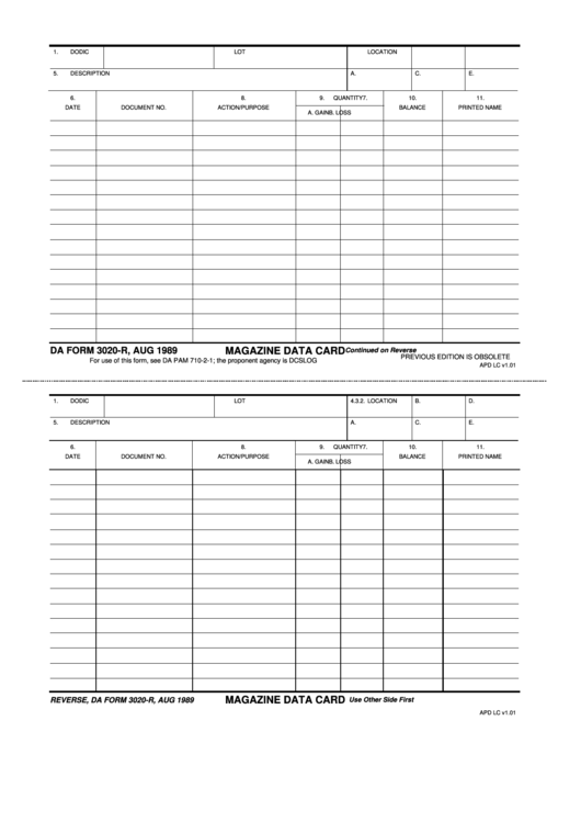 Fillable Da Form 3020-R - Magazine Data Card Printable pdf