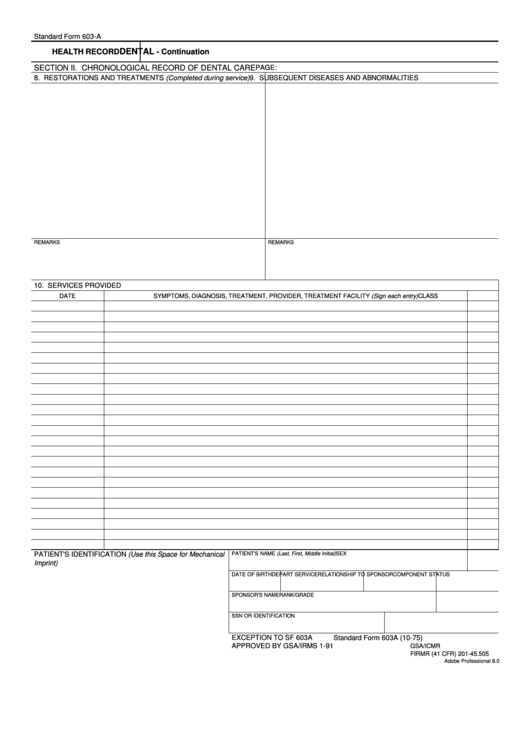 Fillable Standard Form 603a, Health Record Dental - Continuation Printable pdf