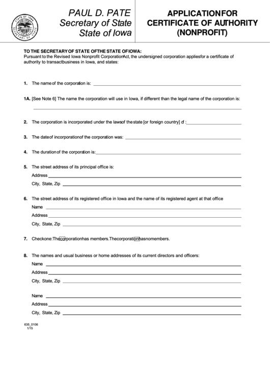 Form 635_0106 - Application For Certificate Of Authority - Nonprofit - 2015 Printable pdf