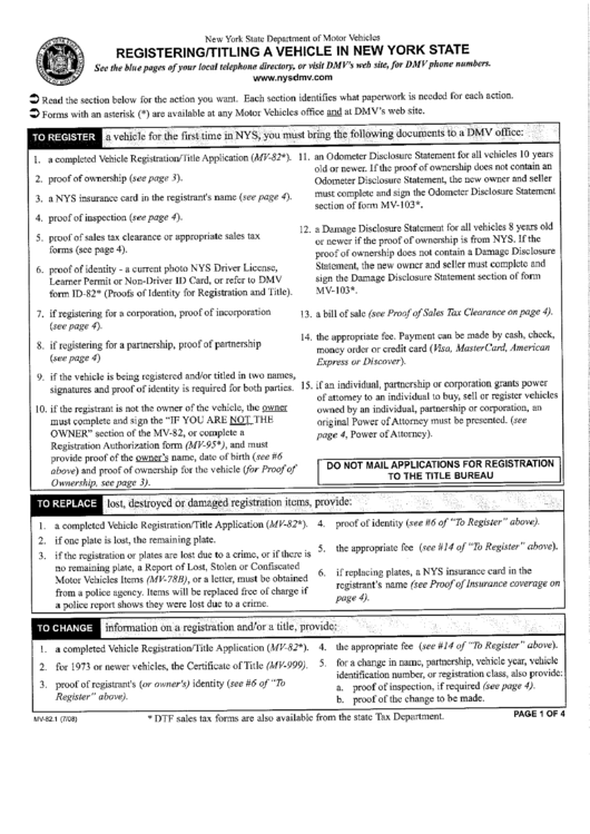 Form Mv-82.1 - Registering / Titling A Vehicle In New York State - Instructions Printable pdf