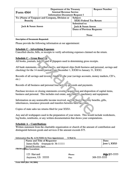 Form 4564 (04/2004) Department Of The Treasury Internal Revenue Service - Information Document Request