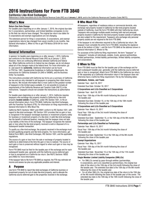 Instructions For Form Ftb 3840 - 2016 Printable pdf