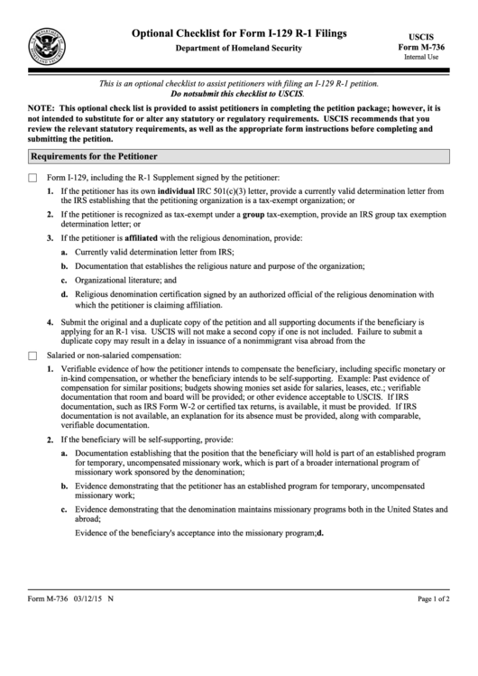Uscis Form M-736 - Optional Checklist For Form I-129 R-1 Filings Printable pdf