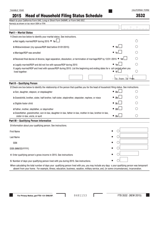 Fillable Form 3532 - 2015 Head Of Household Filing Status Schedule Printable pdf