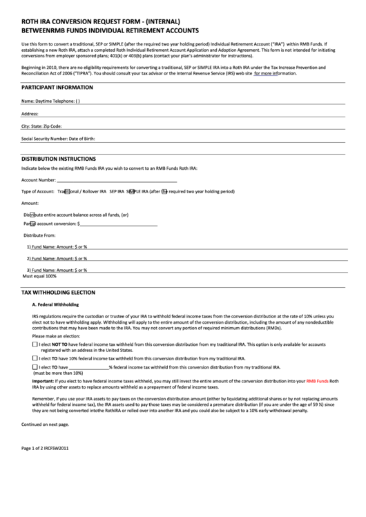 Roth Ira Conversion Request Form - (Internal) Between Rmb Funds Individual Retirement Accounts Printable pdf
