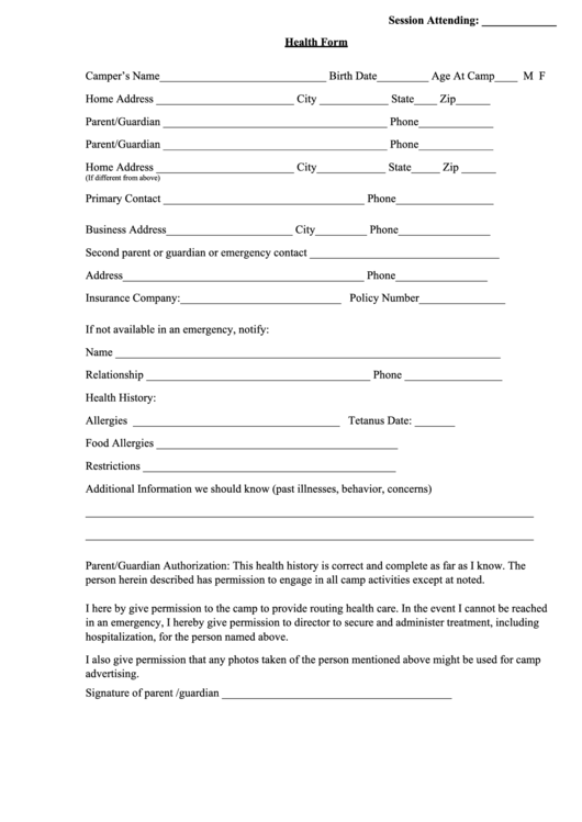 Sample Camp Health Assessment Form printable pdf download