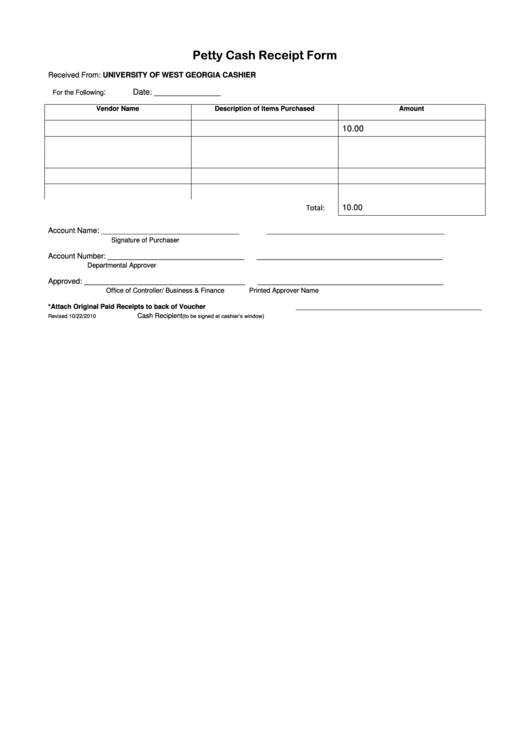 Fillable Petty Cash Receipt Form Printable pdf