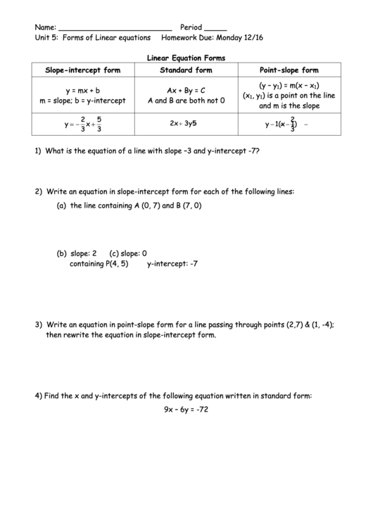 Linear Equation Forms Printable pdf