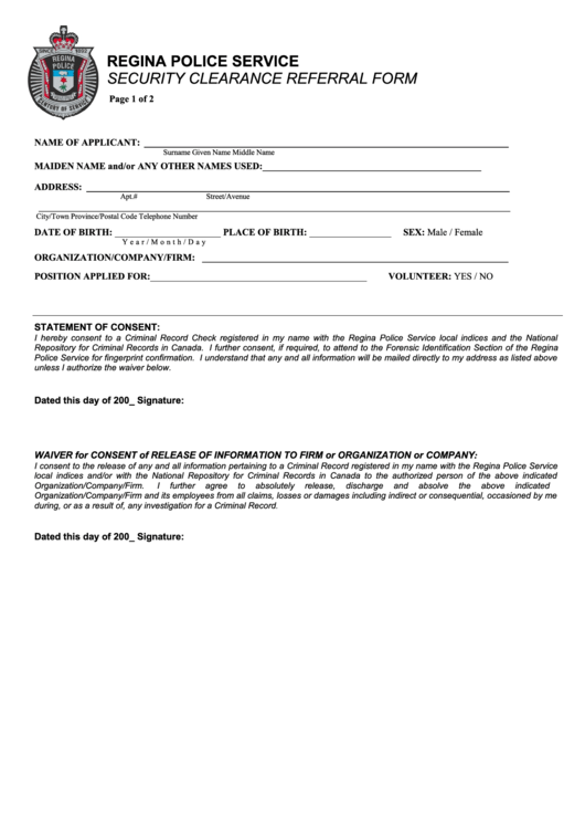 Security Clearance Referral Form Printable pdf