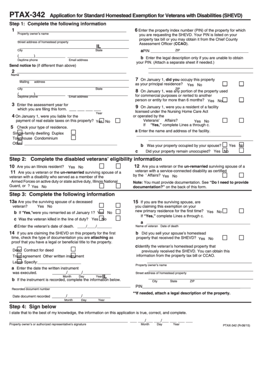 Ptax-342 Form - Application For Standard Homestead Exemption For Veterans With Disabilities (Shevd) Printable pdf