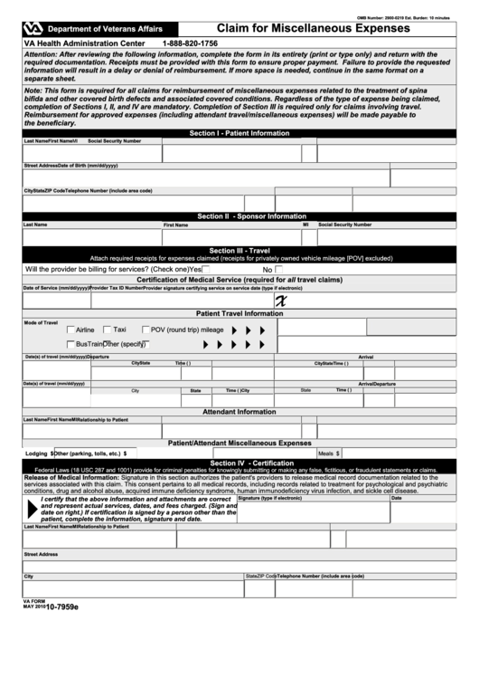 Fillable Va Form 10-7959e - Claim For Miscellaneous Expenses Printable pdf