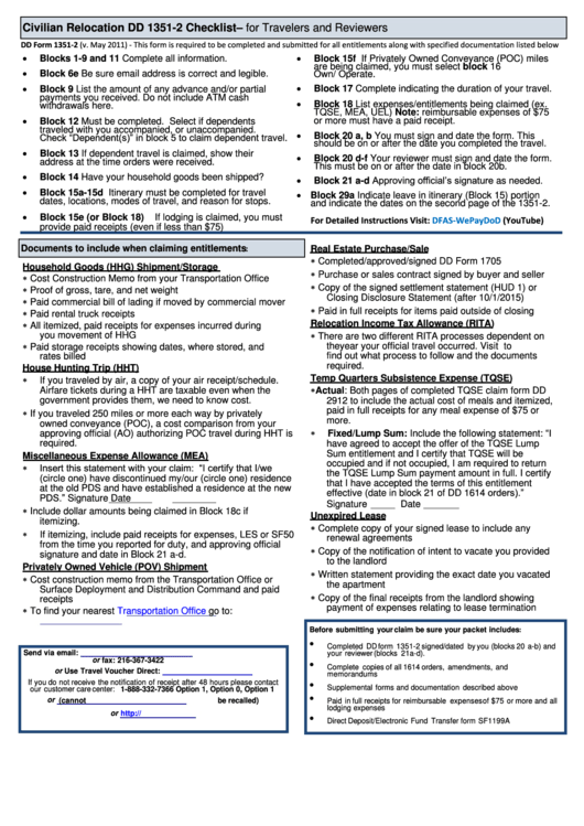 Civilian Relocation Dd 1351-2 Checklist - For Travelers And Reviewers Printable pdf