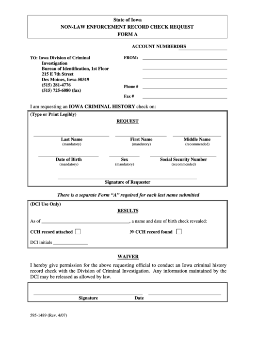 State Of Iowa Non-Law Enforcement Record Check Request Form A Printable pdf