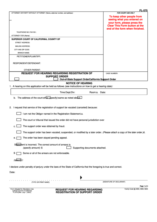 Fillable Request For Hearing Regarding Registration Of Support Order Printable pdf