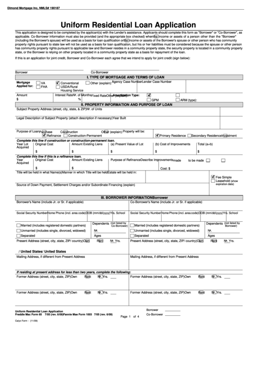 Uniform Residential Loan Application Form Printable pdf
