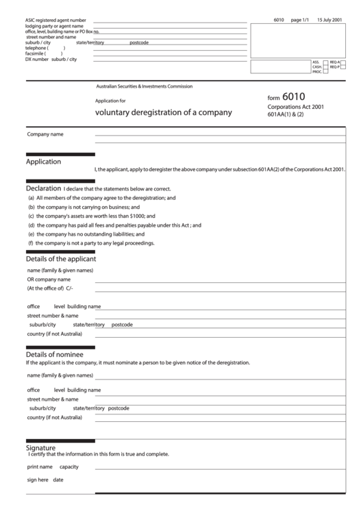 Form 6010 - Application For Voluntary Deregistration Of A Company Printable pdf