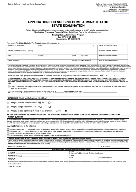 Fillable Cdph 503 - Application For Nursing Home Administrator State Examination Printable pdf