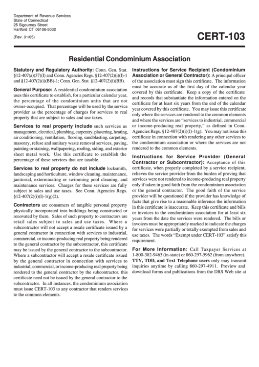 Fillable Cert-103 - Residential Condominium Association Printable pdf