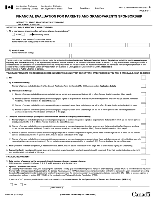 Financial Evaluation For Parents And Grandparents Sponsorship Printable pdf