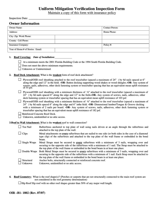 2007 Uniform Mitigation Verification Inspection Form Printable pdf