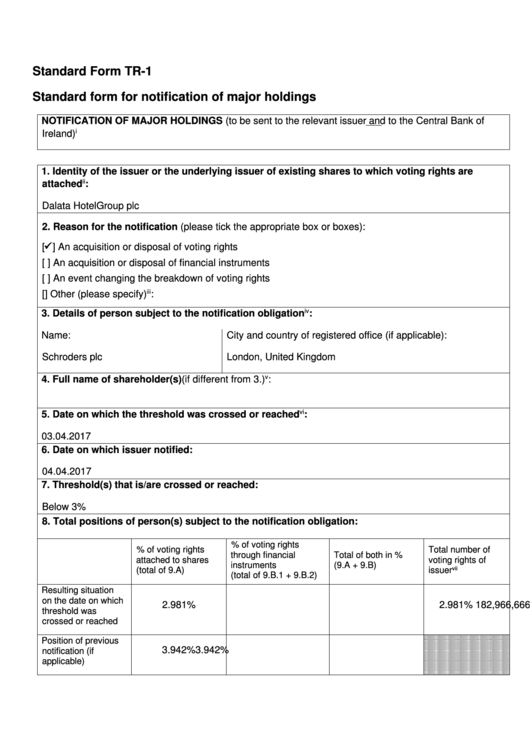 Standard Form Tr-1 - Standard Form For Notification Of Major Holdings Printable pdf
