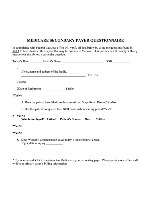 Medicare Secondary Payer Questionnaire Printable pdf