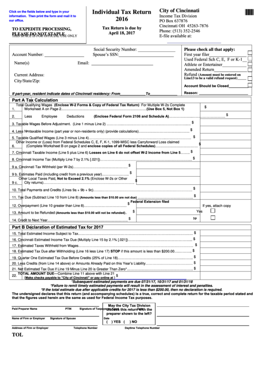 Fillable Individual Tax Return 2016 Form - City Of Cincinnatiincome Tax Division Printable pdf