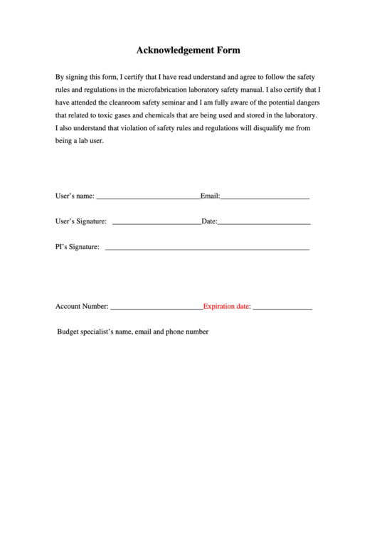 Safety Rules And Regulations Employee Acknowledgement Form - Microfabrication Laboratory Printable pdf