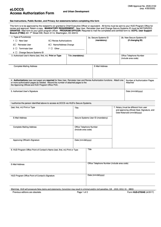 Fillable Form Hud-27054e - Access Authorization Form - 2017 Printable pdf