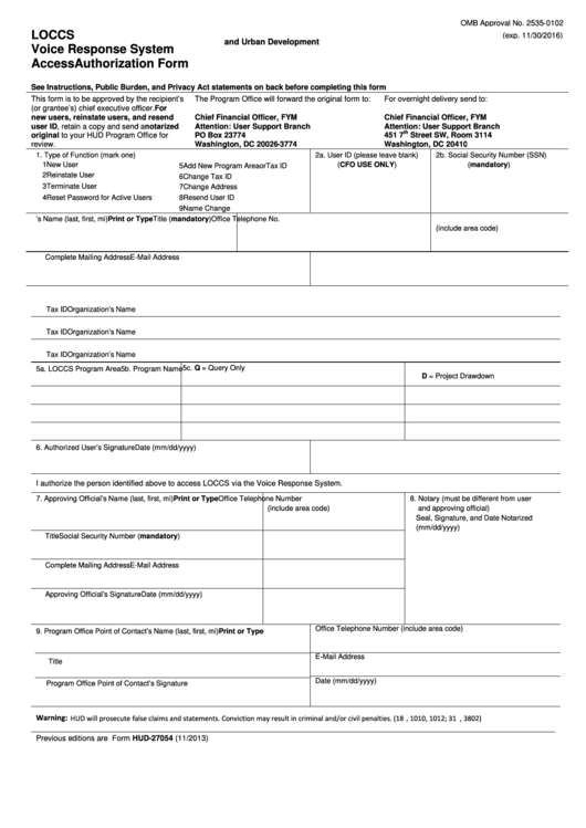 Hud-27054, 2013, Voice Response System Access Authorization Printable pdf
