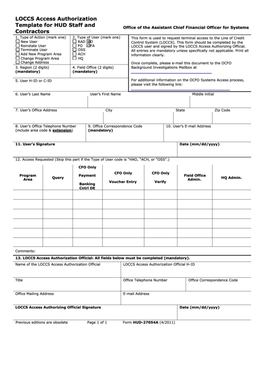 Hud-27054a, 2011, Loccs Access Authorization Template For Hud Staff