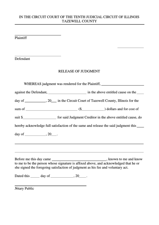 Fillable Release Of Judgment Printable pdf