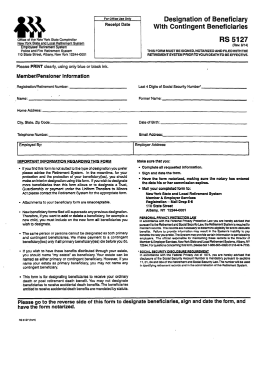 Form Rs 5127 - Designation Of Beneficiary With Contingent Beneficiaries - New York State And Local Retirement System Printable pdf